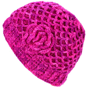 Acryl-Strickmütze mit Gitterblumenmotiv – rosa