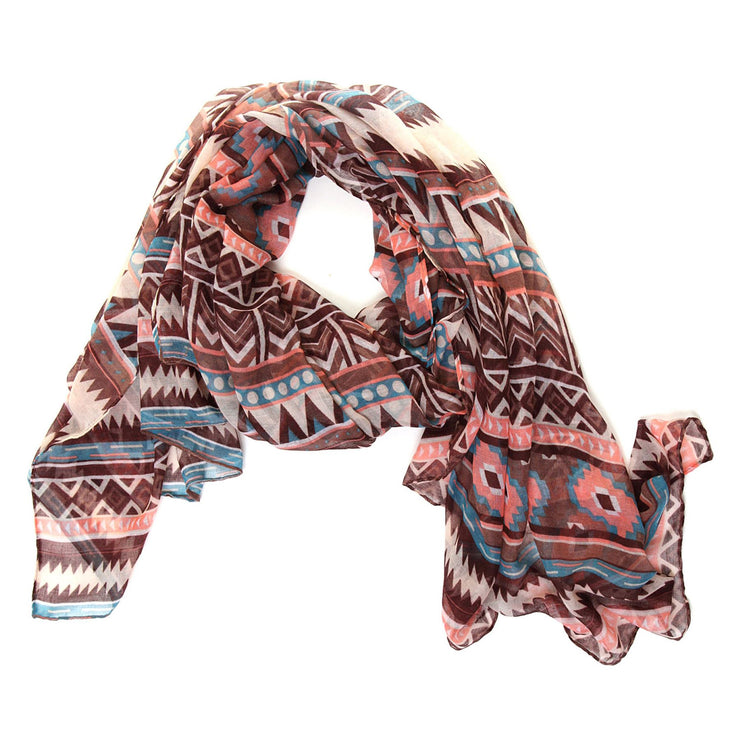 Lightweight Aztec Print Scarf Shawl Wrap - Brown