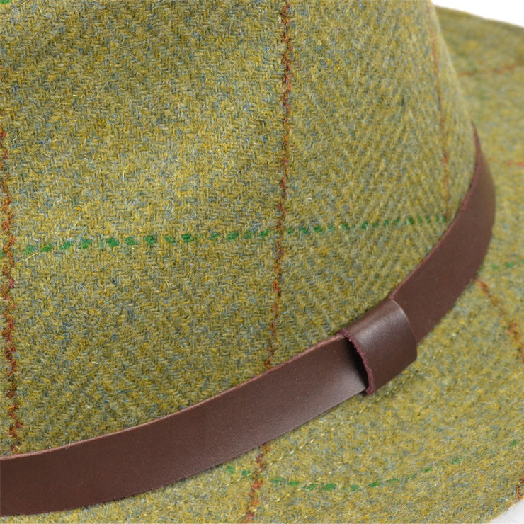 Tweed fedora hat with faux leather band - Mid green
