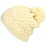 Pearl Lattice Bobble Beanie Hat - Cream