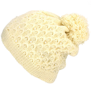 Perlegitter bobble beanie hat - creme