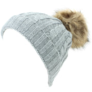 Childrens Cable Knit Beanie Hat with Faux Fur Bobble and Turn-up - Grey