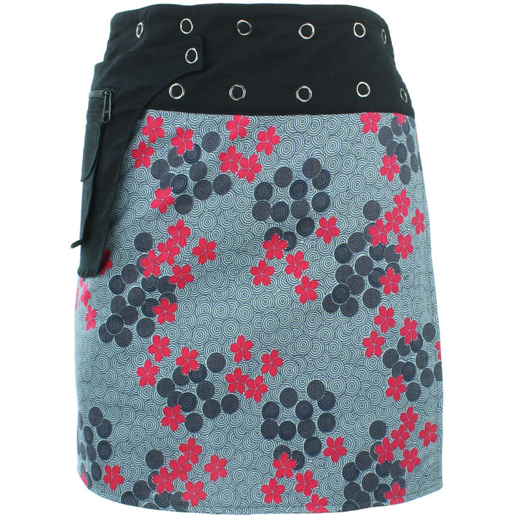 Reversible Popper Wrap Knee Length Skirt - Grey Patch Strips / Spiral Garden