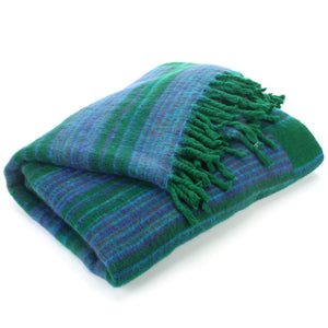 Vegan Wool Shawl Blanket - Stripe - Racing Green Blue