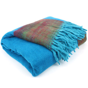 Tibetan Wool Blend Shawl Blanket - Blue with Green & Red Reverse