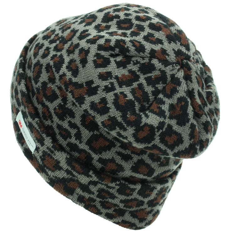 Leopard Print Beanie Hat - Grey