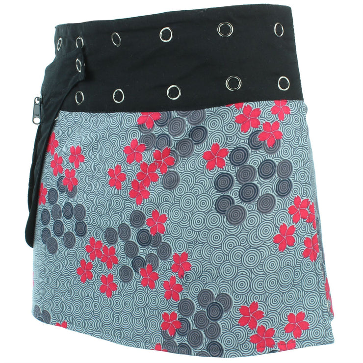 Reversible Popper Wrap Mini Skirt - Grey Patch Strips / Spiral Garden