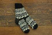 Hand Knitted Wool Slipper Socks Lined - Chevron Black