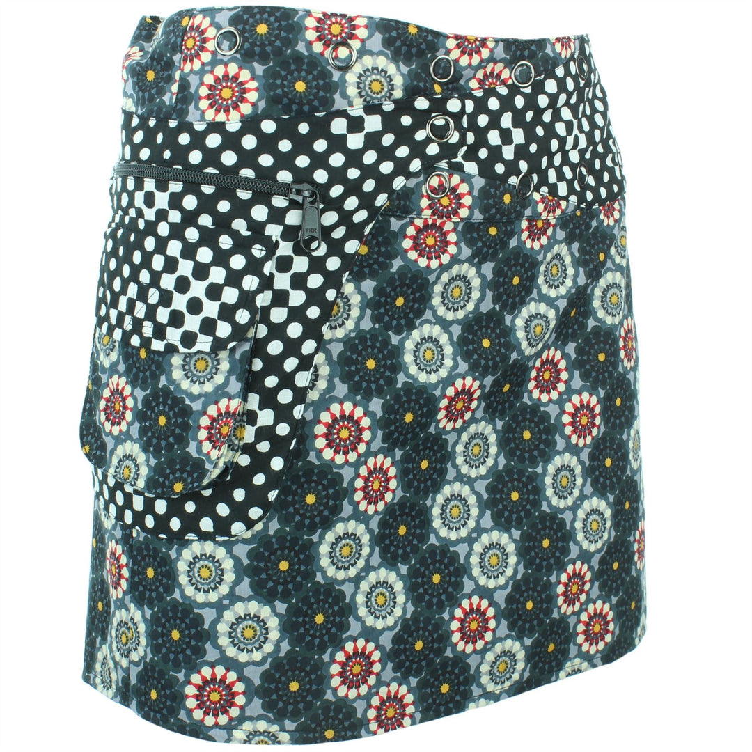 Reversible Popper Wrap Mini Skirt - Kaleidoscope / Mono Dots