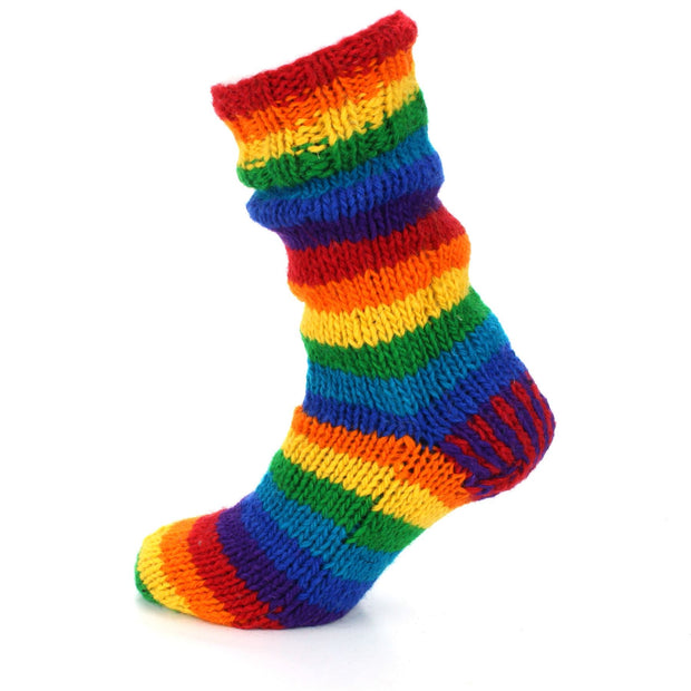 Hand Knitted Wool Slipper Socks Lined - Stripe Rainbow 1
