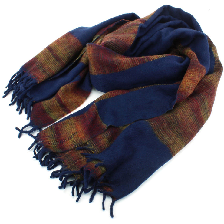 Tibetan Wool Blend Shawl Blanket - Navy with Sunset Reverse