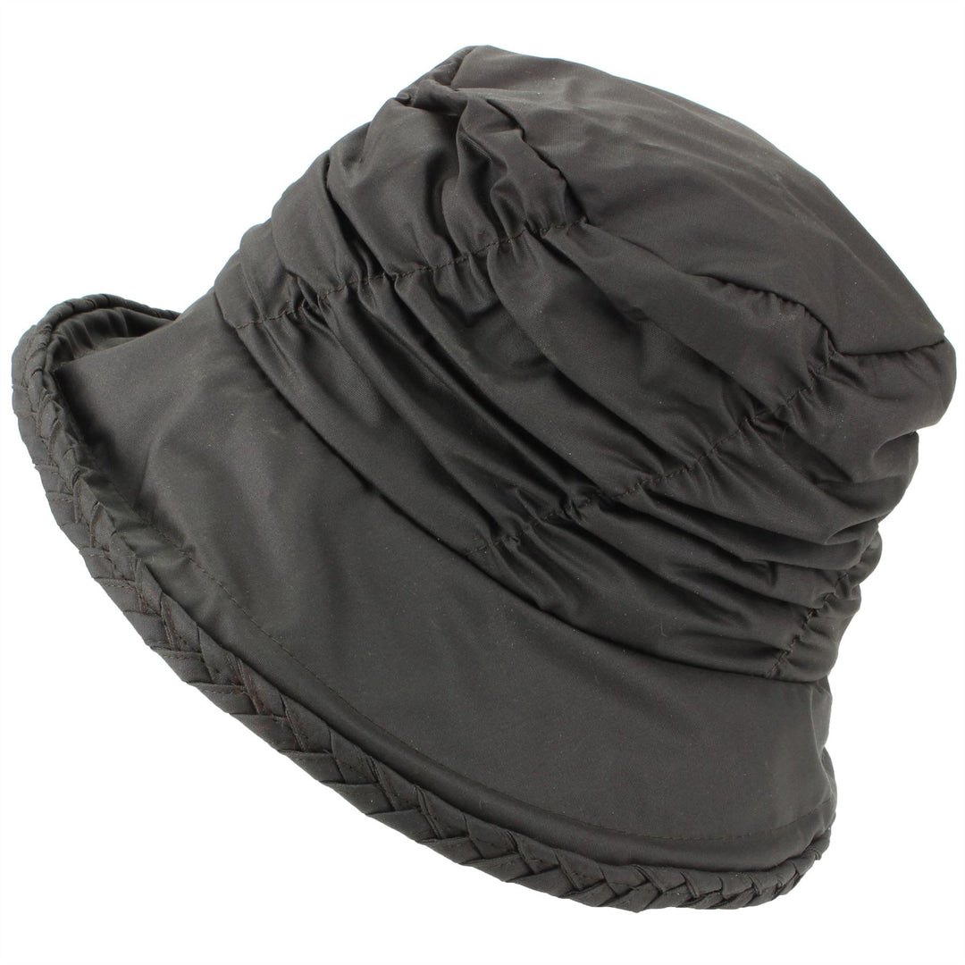 Ladies Water Resistant Wax Cloche Hat with Ruched Crown and Tartan Check Lining - Brown