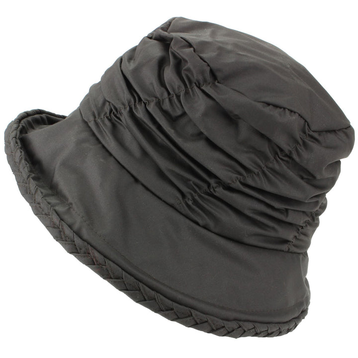 Ladies Water Resistant Wax Cloche Hat with Ruched Crown and Tartan Check Lining - Brown