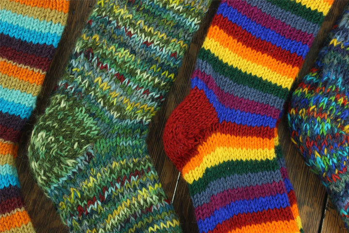 Hand Knitted Wool Long Socks - Stripe Rainbow