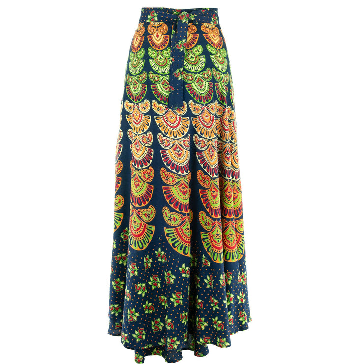 Long Maxi Wrap Skirt with Block Print Mandala - Dark Blue & Green