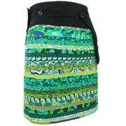 Reversible Popper Wrap Knee Length Skirt - Green Patch Strips / Floral Oyster