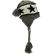 Wool Knit Earflap Tassel Hat - Star Grey