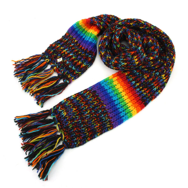 Hand Knitted Wool Scarf - SD Black Rainbow Stripe