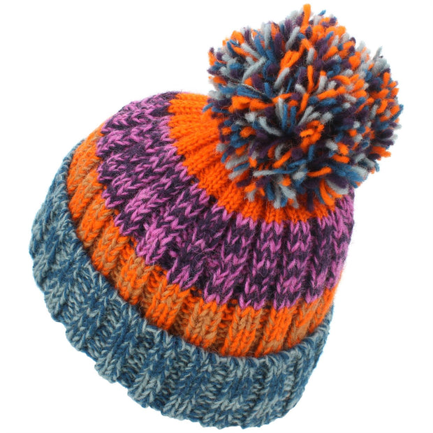 Wool Knit Bobble Beanie Hat - Orange Purple