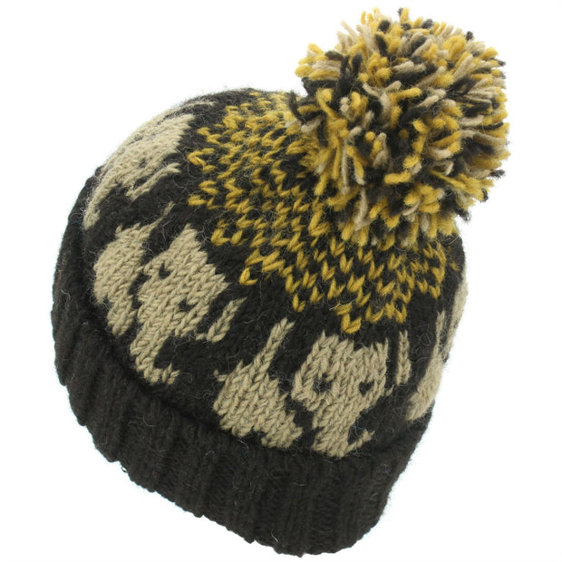 Wool Knit Bobble Beanie Hat - Elephant - Brown Gold