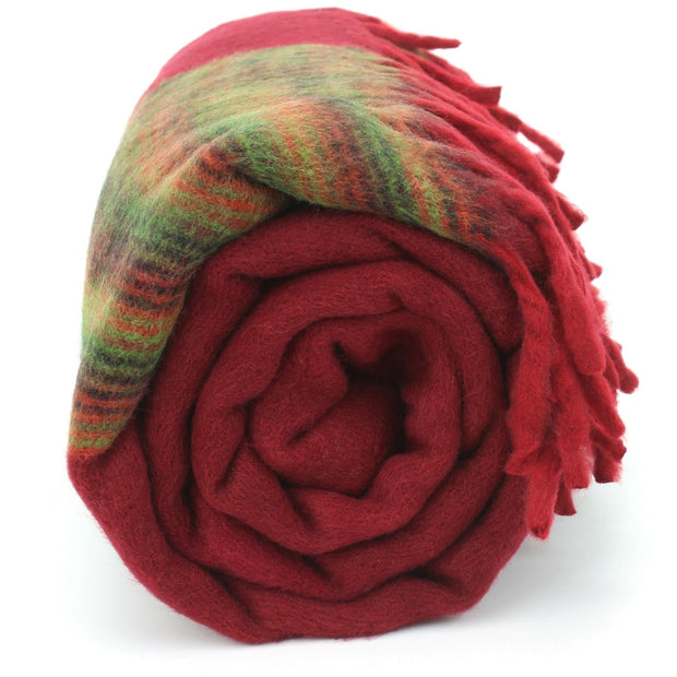 Tibetan Wool Blend Shawl Blanket - Red with Green & Red Reverse
