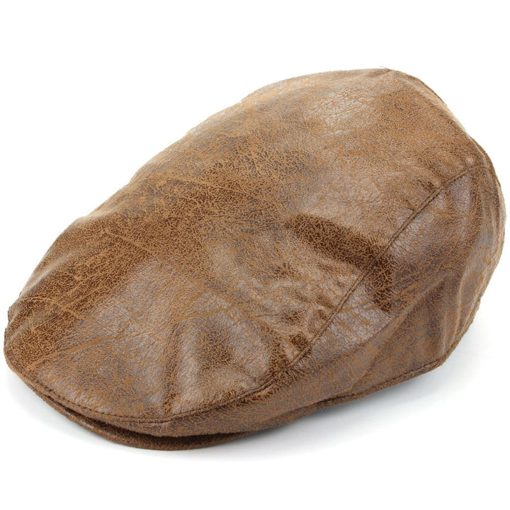 Leather Effect Flat Cap - Brown