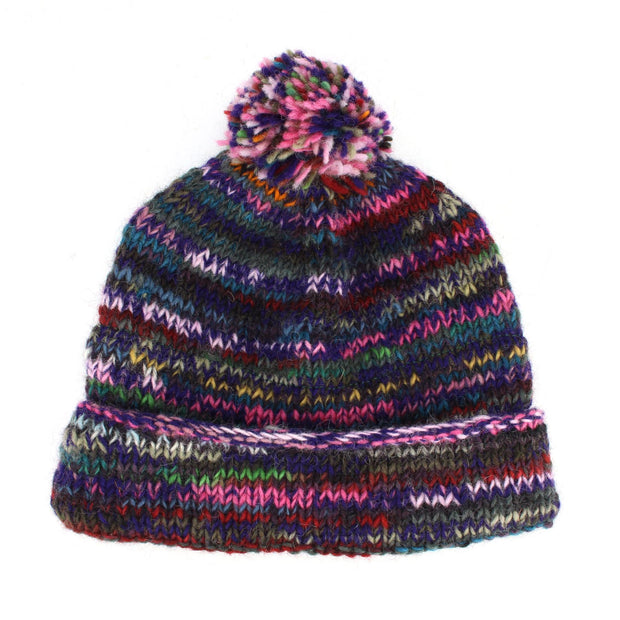 Chunky Wool Knit Beanie Bobble Hat - SD Purple Mix