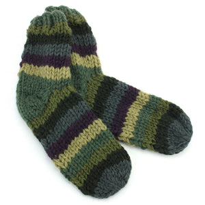 Socquettes en laine tricotées main - rayure vert bleu