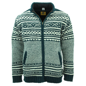 Håndstrikket uldjakke cardigan - fairisle blågrøn