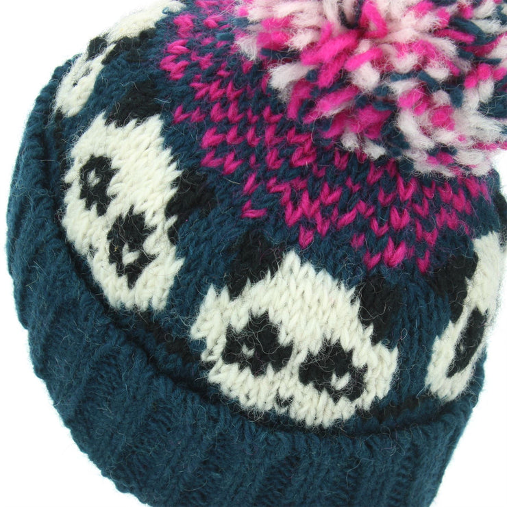 Wool Knit Bobble Beanie Hat - Panda - Teal Pink