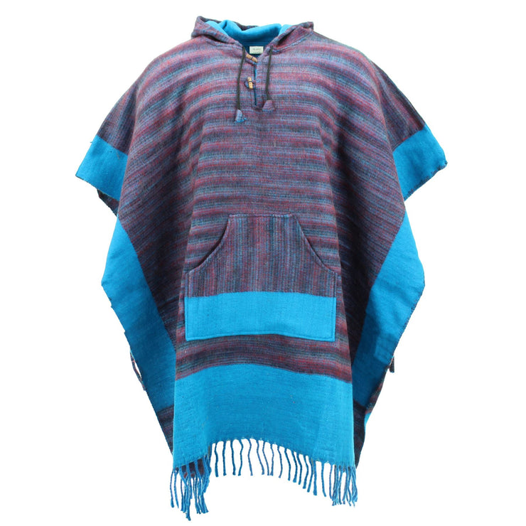 Soft Vegan Wool Hooded Tibet Poncho - Red Grey & Turquoise