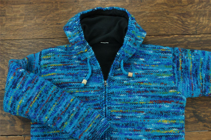 Hand Knitted Wool Hooded Jacket Cardigan - SD Bright Blue Mix
