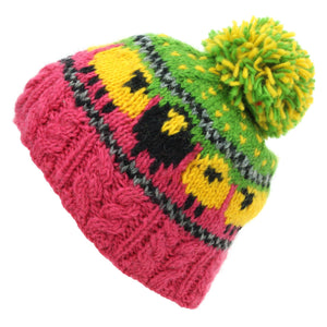 Bonnet à pompon en tricot de laine - mouton - rose vert jaune