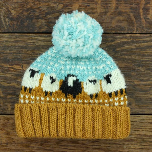 Hand Knitted Wool Beanie Bobble Hat - Sheep - Orange Light Blue