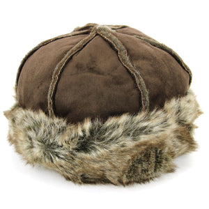 Suede Effect Hat and Faux Fur Cuff and Lining - Brown