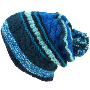Bonnet à pompon en laine - rayé bleu
