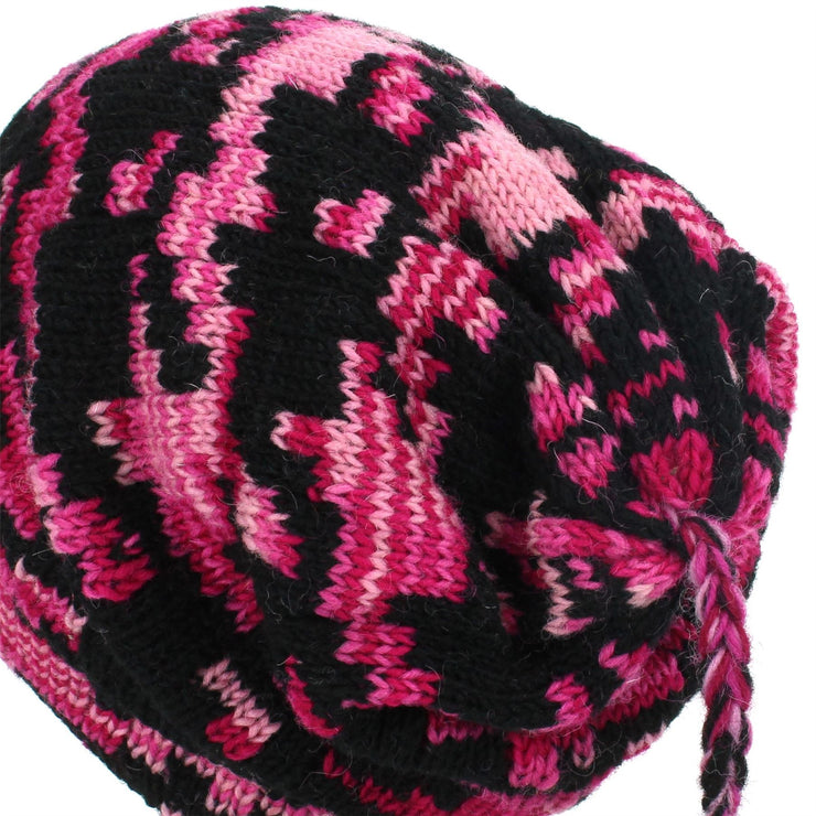 Wool Knit Tassel Beanie Hat - Pink Houndstooth