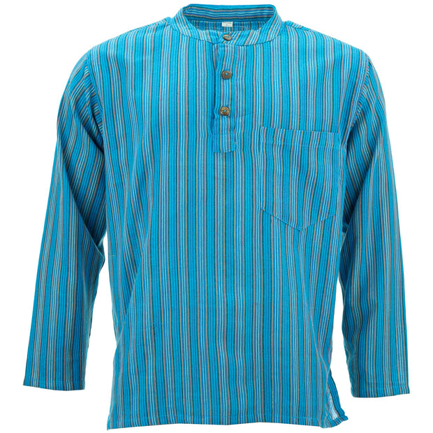 Cotton Grandad Collar Shirt - Blue Stripe