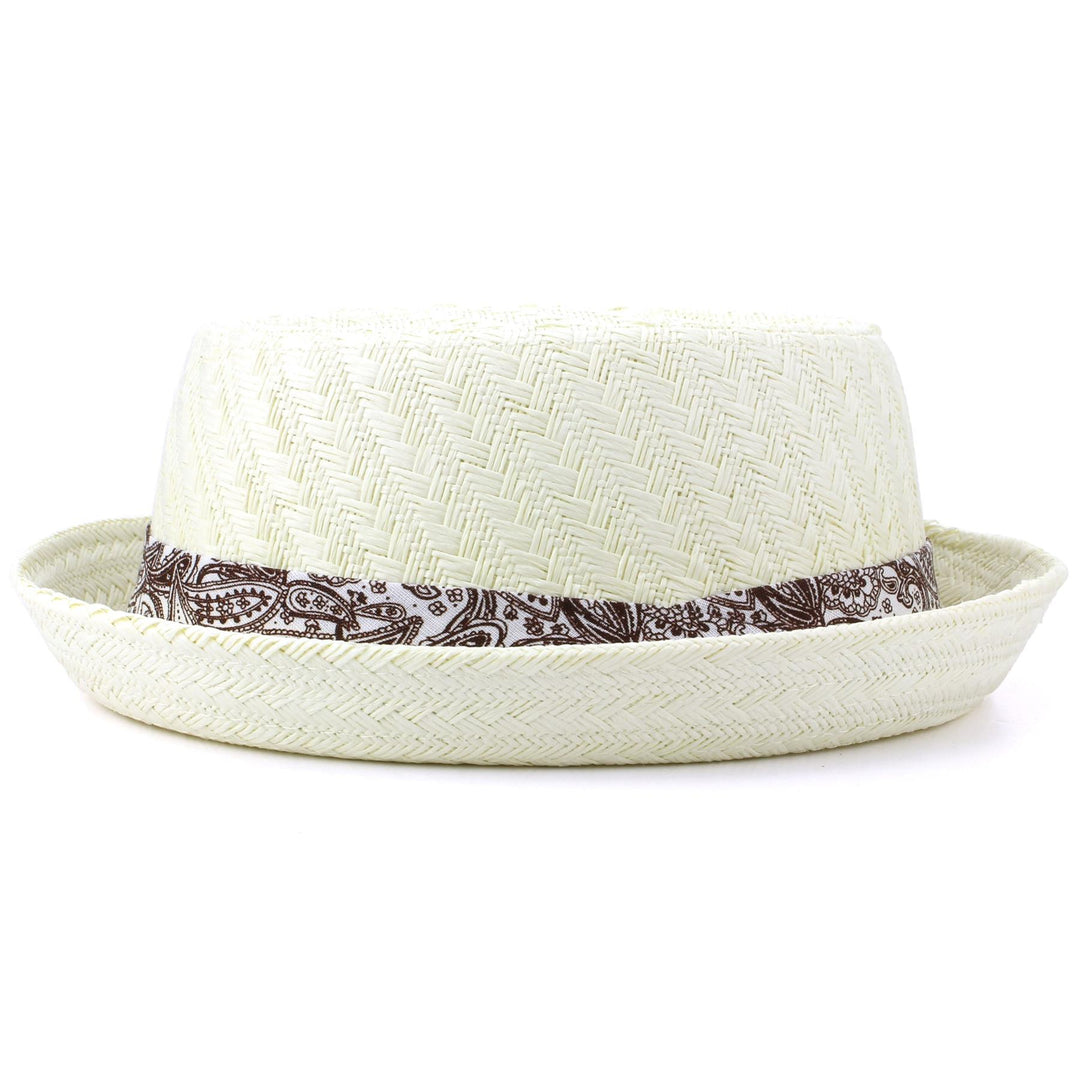 Straw Porkpie Hat with a Paisley Band - Off white