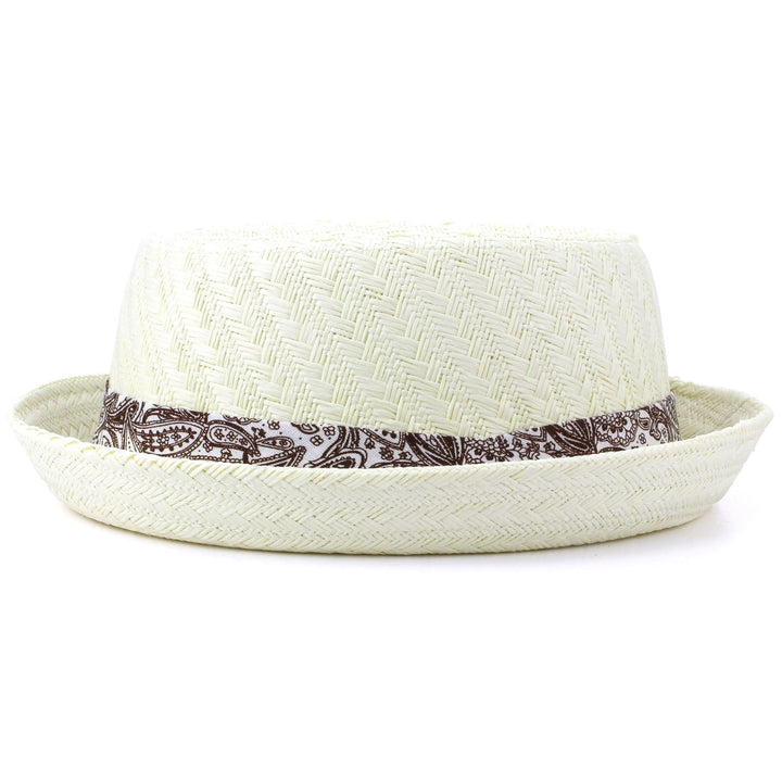 Straw Porkpie Hat with a Paisley Band - Off white