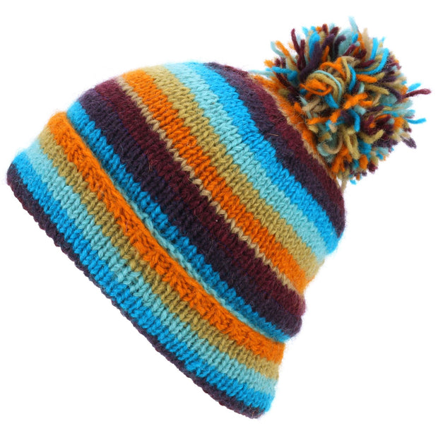 Chunky Wool Knit Beanie Bobble Hat - Stripe Retro C