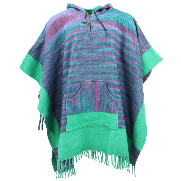 Soft Vegan Wool Hooded Tibet Poncho - Purple & Light Green