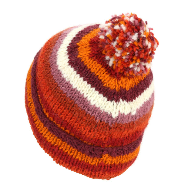 Chunky Wool Knit Beanie Bobble Hat - Stripe Rust