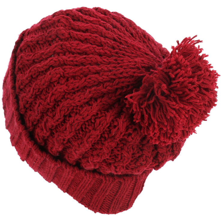 Cable Knit Bobble Beanie Hat - Red