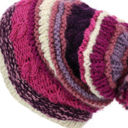 Wool Knit Bobble Beanie Hat - Stripe Pink