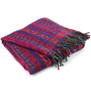 Akryl uld sjal tæppe - stribe - lys rød & blå