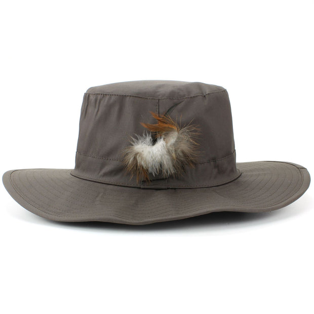 Wide Brim Outback Style Cotton Bush Hat with Feather - Brown