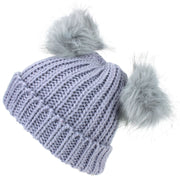 Ribbed Knit Double Bobble Beanie Hat - Lilac