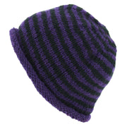 Hand Knitted Wool Beanie Hat - Stripe Purple Black