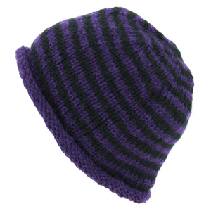 Bonnet en laine tricoté à la main - rayure violet noir